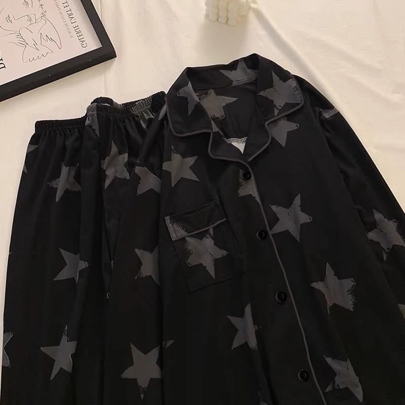 Spring new black high-end imitation cotton pajamas long-sleeved trousers star graffiti loungewear set