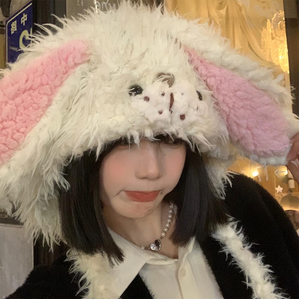 Sweet and Cute Rabbit Ears Plush Hat Women's Autumn and Winter Warm Ear Protection Lei Feng Hat Showing Face Small Furry Hat Trendy