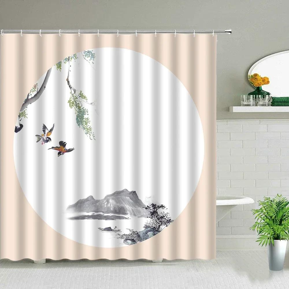 Chinese Style Ink painting Bamboo Landscape Shower Curtain Flower Bird Scenery Bathroom Waterproof Cloth Bath Curtains With Hook