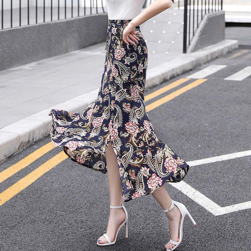 Sommarkjol med slits i chiffong, halvlång, liten blommig omlottkjol med hög midja, fiskstjärtskjol, lång kjol