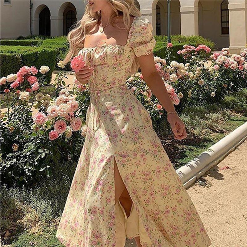 European and American Pastoral Style Sexy Square Collar Lace-up Small Floral Print Slim fit Puff sleeve Temperament High Slit Dress Women