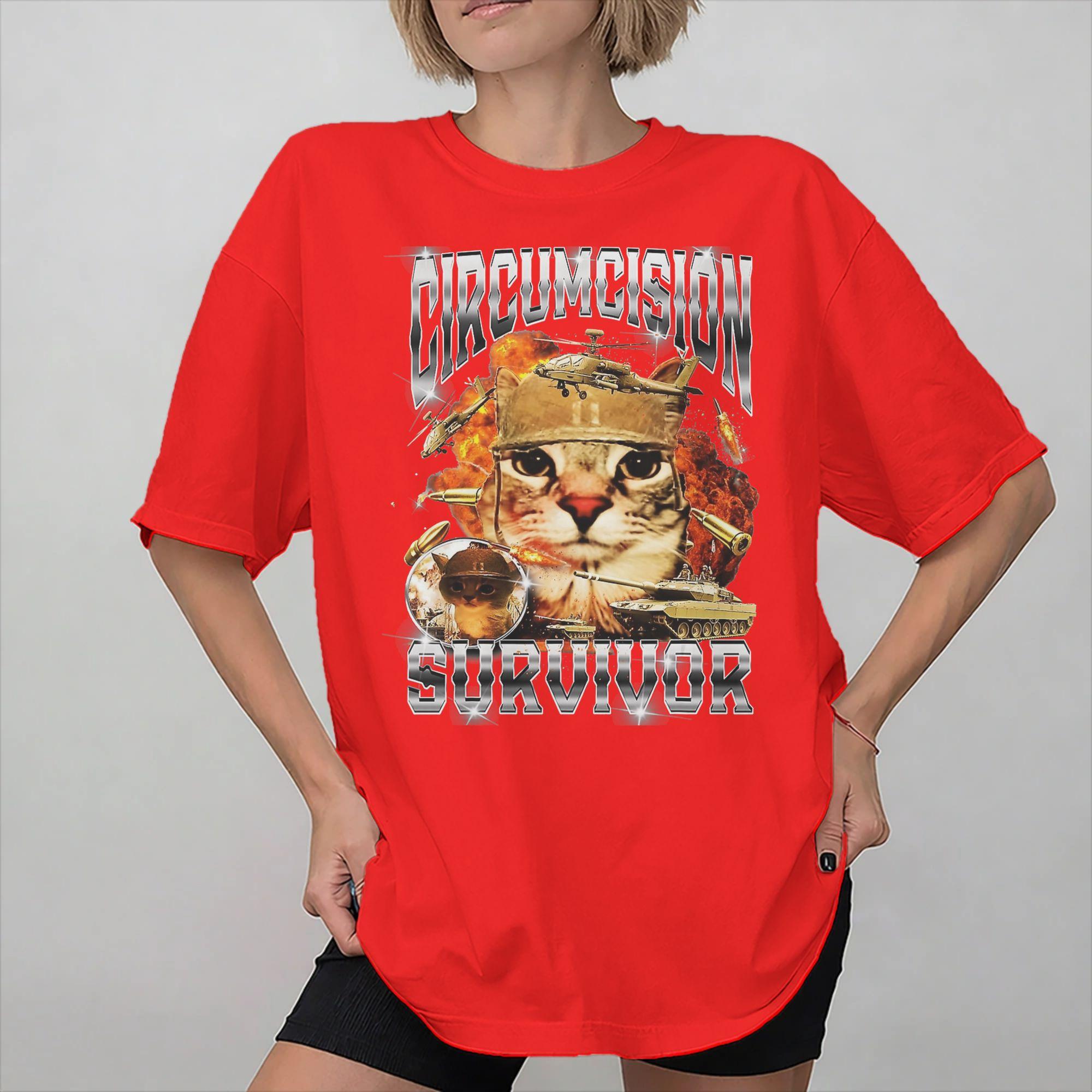 Circumcision Survivor Funny Cat Meme Graphic Printed T Shirts Unisex Women 100 Cotton Tee Shirt Clothing S