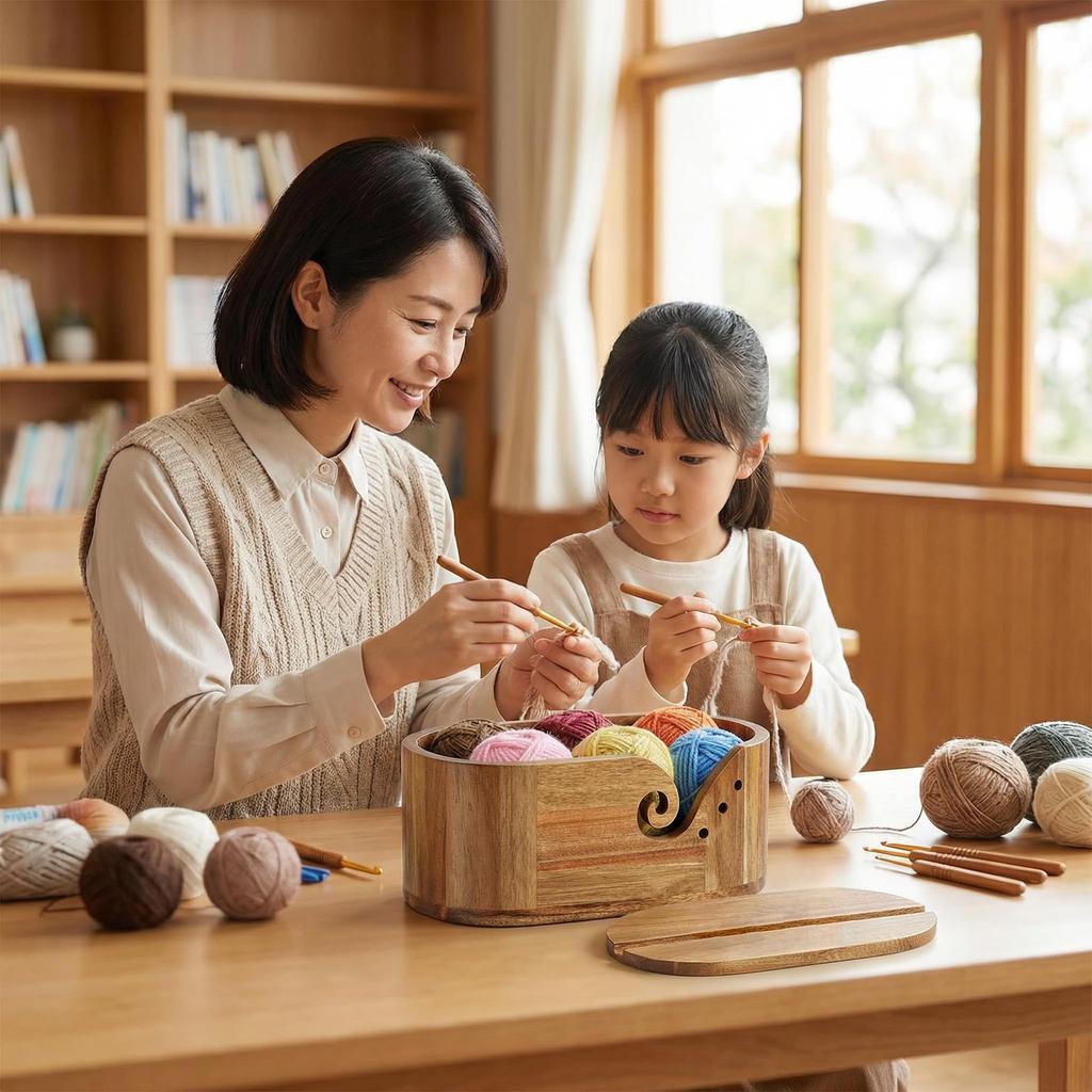 Acidea Wooden Yarn Knitting Natural Wood Yarn Holder with 9 Knitting Smartphone and Storage for Hair and Crochet Yarn Knitting Knitting Crochet Sewing