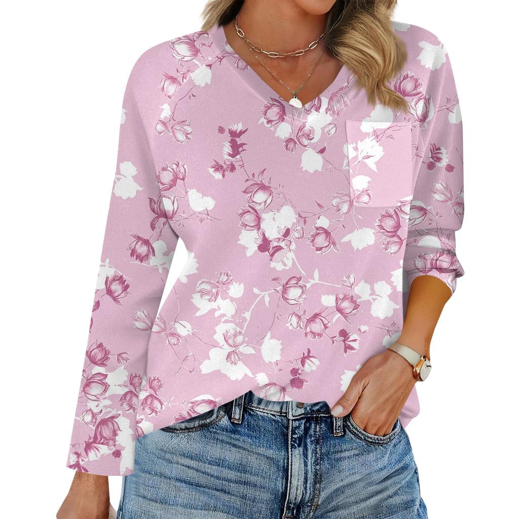 Women's Raglan Long Sleeve V-Neck T-Shirt Splicing Solid Color Casual Top Pullover V-Neck Pocket Bottoming Shirt