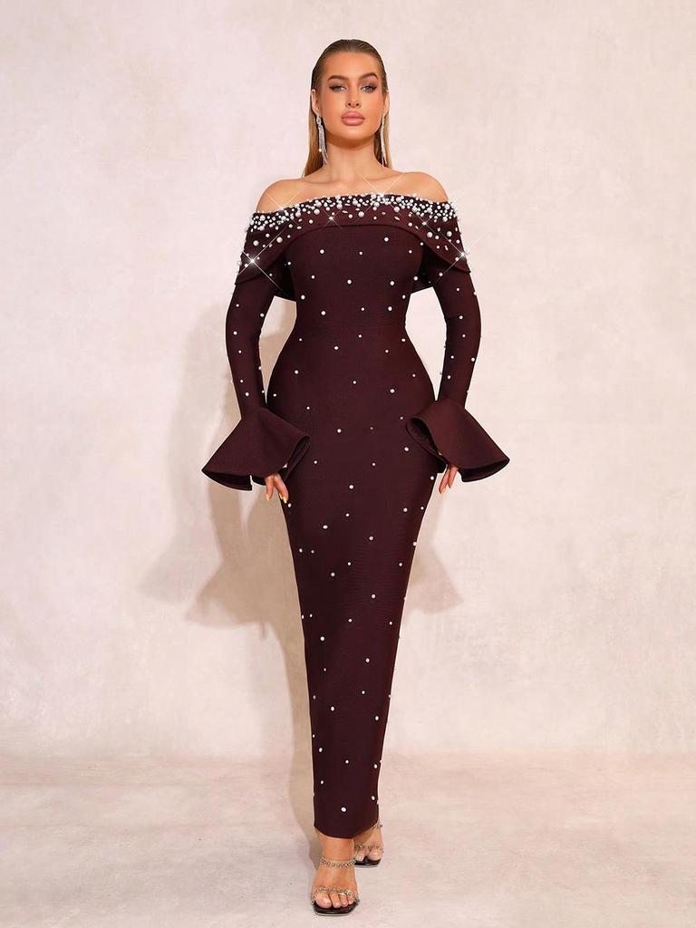 European and American Style Beaded Sequin One-Shoulder Bandage Evening Gown