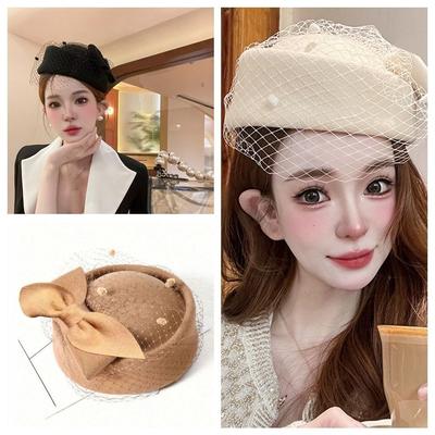 Kashmir Wollen Stropdas Hoed met Sluier Temperament Formele Hoed Nieuwe Fascinator Hoed