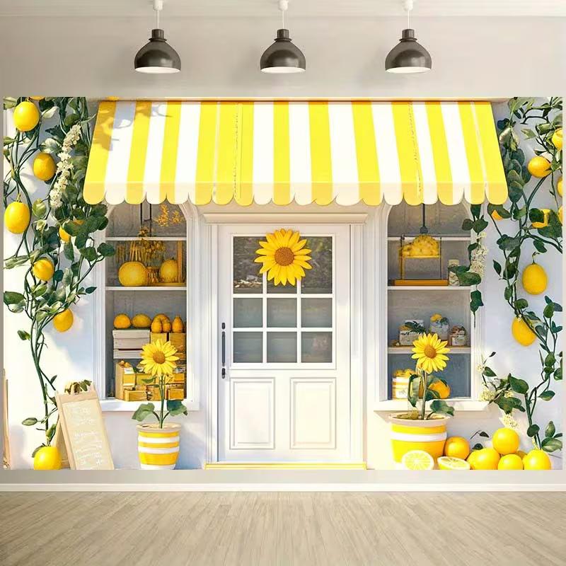 2D Cheerful Yellow Lemon Shop Backdrop for Bridal Shower & Summer Party