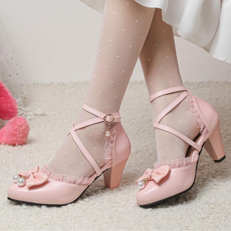 Women's Heels Mary Janes Lolita Shoes Luxury Crystal Pink Black White Heeled Party Wedding Dance Shoes Female Pumps Big Size 45