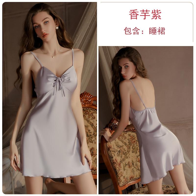 Guiruo Underwear Sweet Satin Sexy Backless Women's Suspender Nightdress Open Placket Silky Robe Loungewear Set 1118