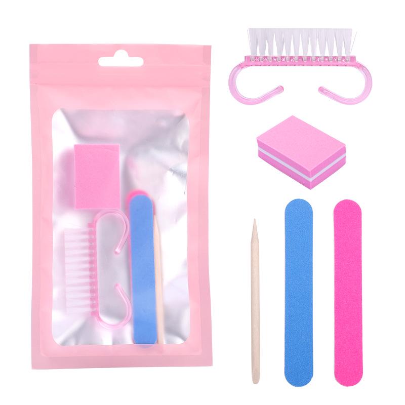 5-Piece Manicure Tool Set: False Nails, Wood Veneer File, Wood Stick, Horn Brush, Sponge Tofu Block.