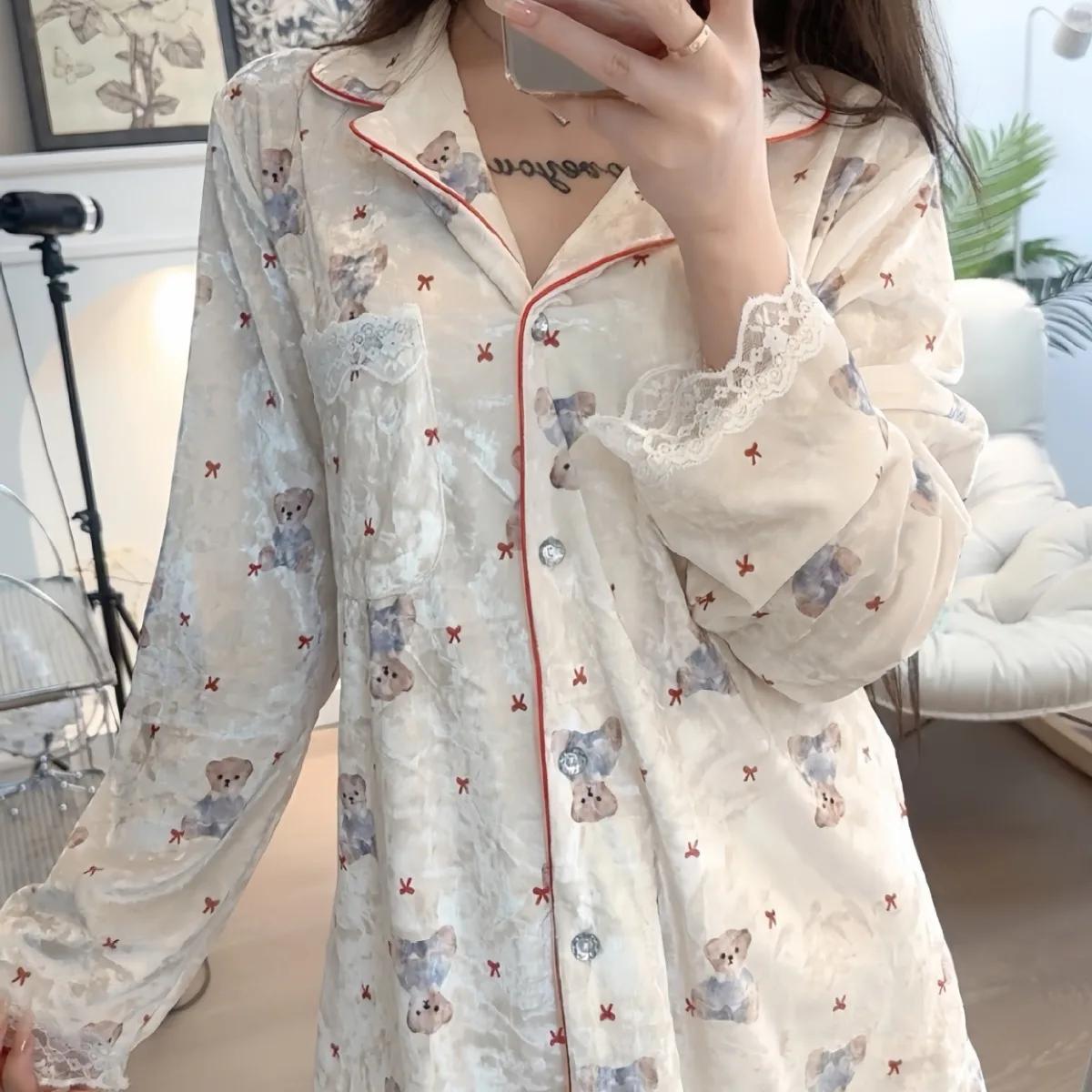 

Женская зимняя теплая пижама принцессы с кружевной отделкой, пижамный комплект с милым мультяшным медведем, велюровый комплект из 2 предметов, домашняя одежда XL