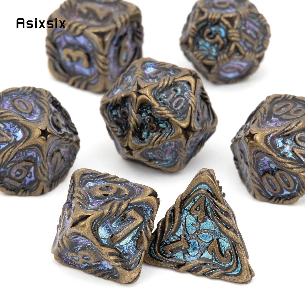 7 Pcs Yellow Blue Tree Vine Metal Dice Solid Metal Polyhedral Dice Set Suitable for Role-Playing RPG Board Game Dice RPG