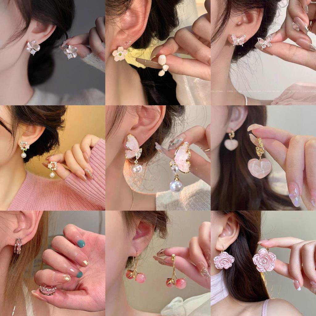 925 Silver Pink Heart Flower Butterfly Tassel Earrings - Sweet, Elegant, and Whimsical Design