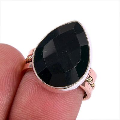 Natural Black Onex Gemstone Two Tone 925 Sterling Silver Jewelry Ring S.6 a0S58