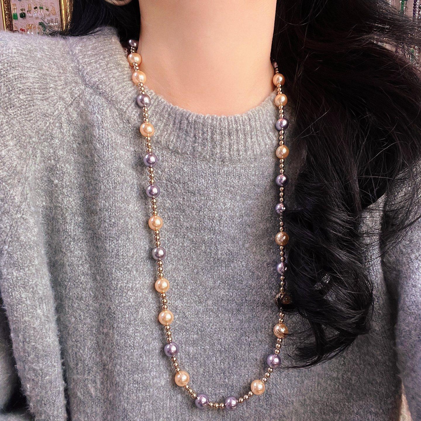 

High Quality Mocha Brown Mixed Color Shijia Pearl Maillard Wind Necklace Collarbone Chain Neck Chain Sweater Chain Women