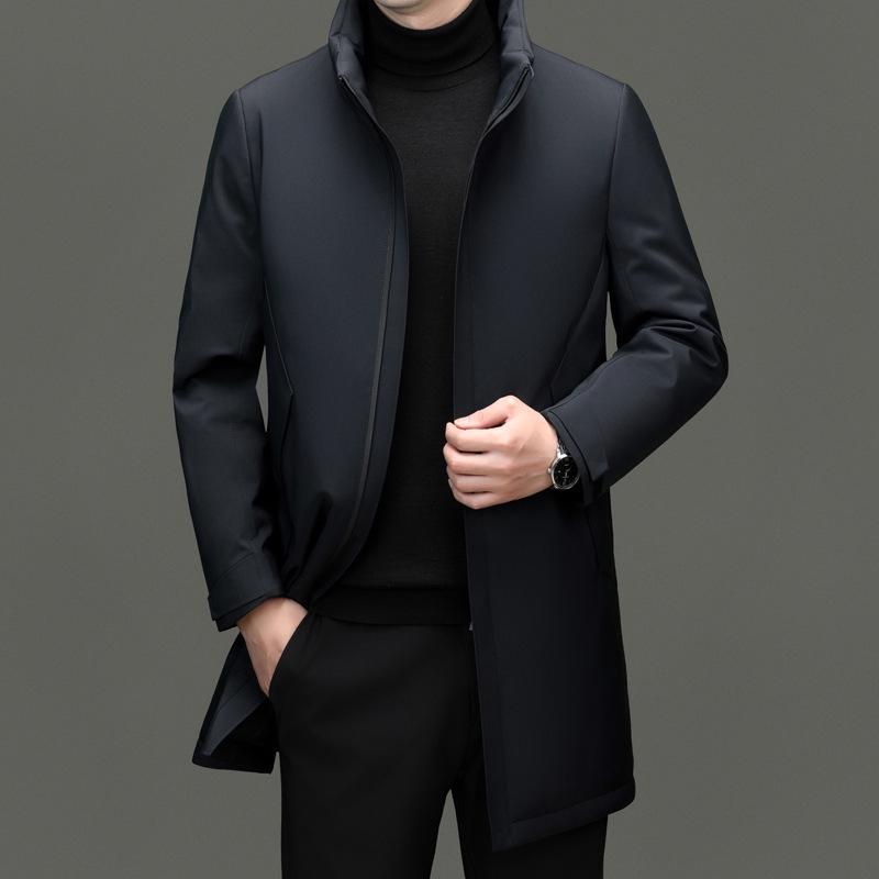 

Elegant Men s Winter Duck Down Stand Collar Jacket - Warm, Business Casual Long Style for Middle-Aged and Young. 4XL темно-синього кольору