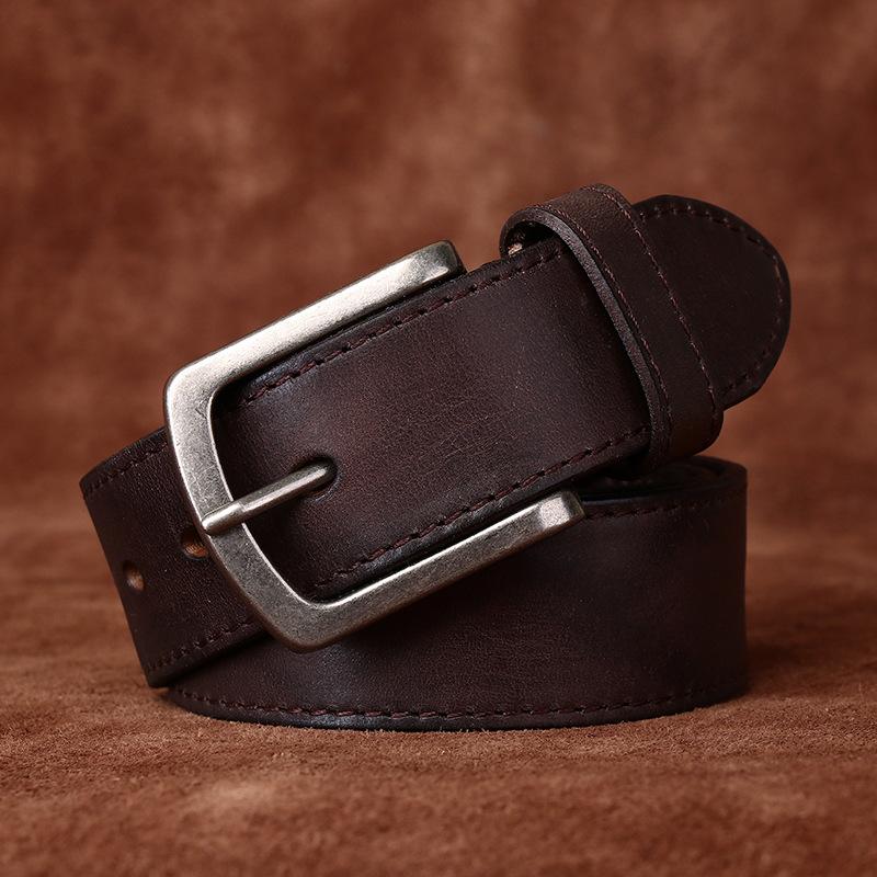 Men's Belt Retro Rub Colored Distressed Pleated Genuine Cattlehide Leather Surface Denim Casual Working Pants Belt