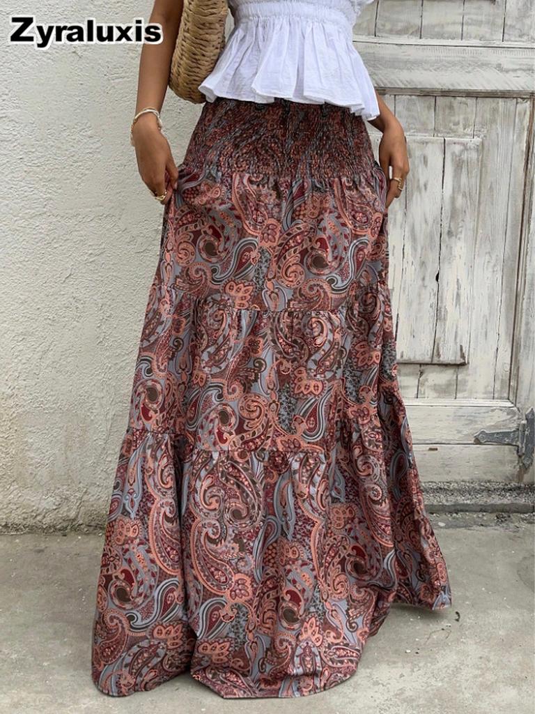 Bohemian Printed High Waist Maxi Dress Summer Vacation Style A-Line Flowy Layered Half Skirt