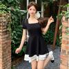 Black Swan Contrasting Color Short-sleeved Skirt, Small Black Skirt, Thin A-shaped Dress, Hepburn Elastic Elastic Waist Skirt