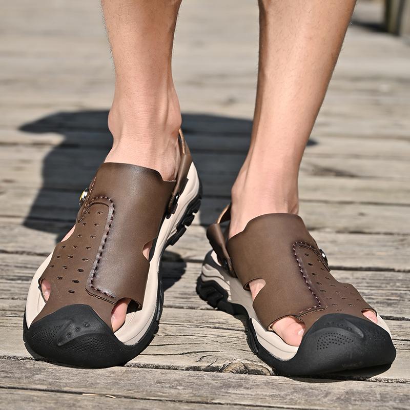 Fashion Mens Hollow Out Flats Leisure Driving Sandals  Anti-collision Toe Man Summer Slippers Wading Aqua Shoes Men Outdoor Sandals