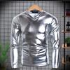 Men T-shirt Glossy Appearance Solid Color Long Sleeve Top V Neck Slim Fit T-shirt Nightclub Party Performance Costumes