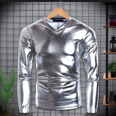 Männer T-shirt Glänzend Aussehen Einfarbig Langarm Top V-ausschnitt Slim Fit T-shirt Nachtclub Party Leistung Kostüme
