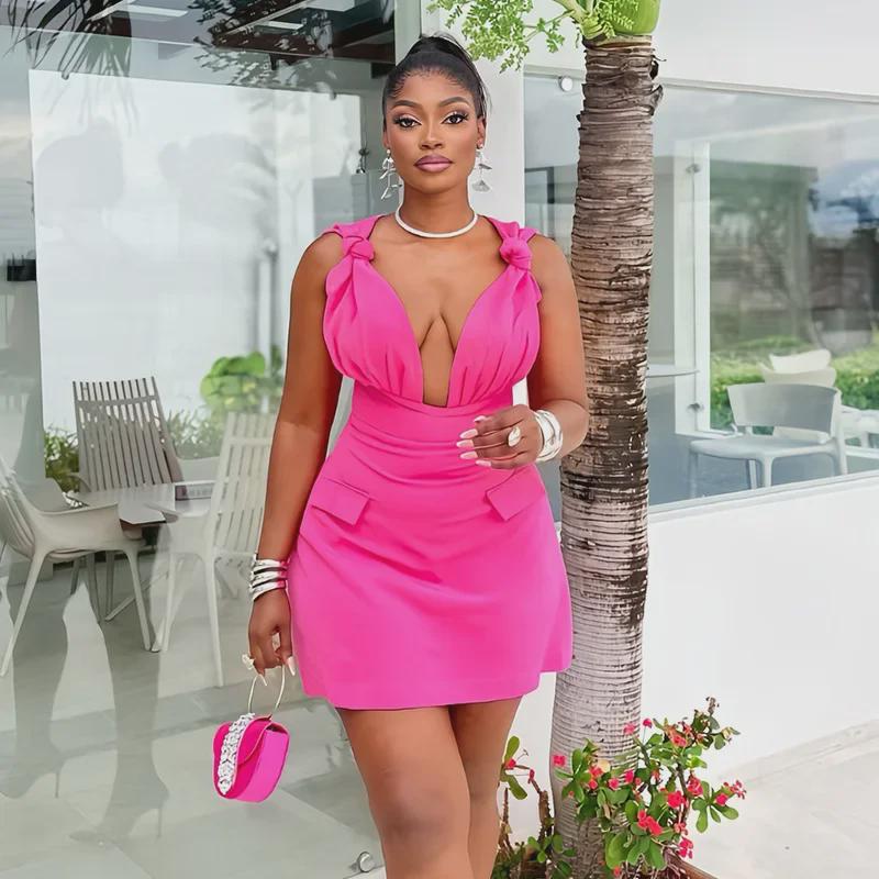 2024 Summer Elegant V-Neck High Waist A-Line Suspender Dress for Women