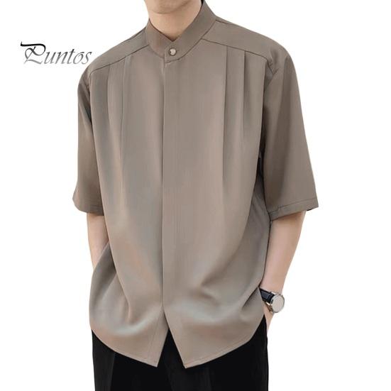 

Мужская летняя рубашка с воротником-стойкой из ледяного шелка, сплошной цвет, плиссированный свободный крой, кардиган с половиной рукавов, средней длины, повседневный деловой зрелый мужской офисный топ M кофейный