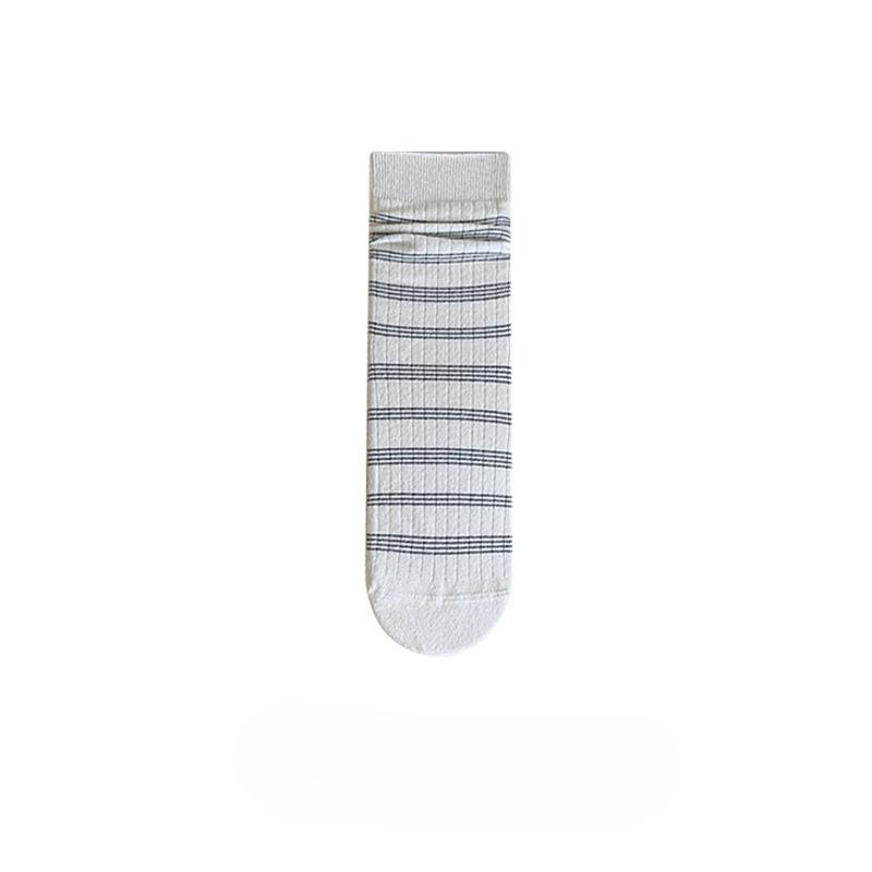 Mid-calf Pile Socks for Girls' School Style, Fine Striped Basic Color-blocked Cotton Socks, Boneless Socks
