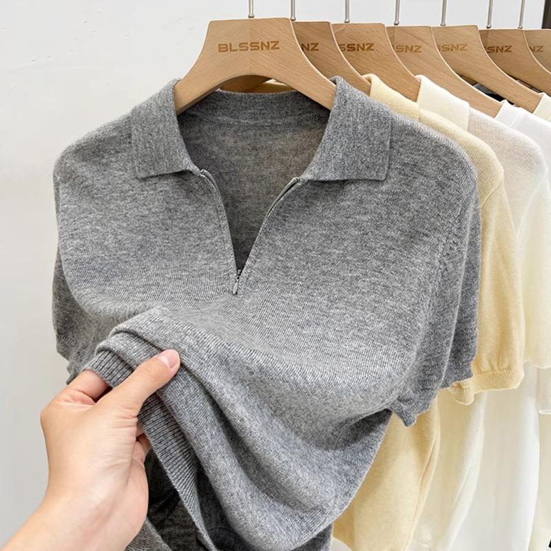 

Тонкая рубашка поло с лацканом, вязаная футболка с коротким рукавом и уникальный топ на молнии до половины для женщин летом One size серый