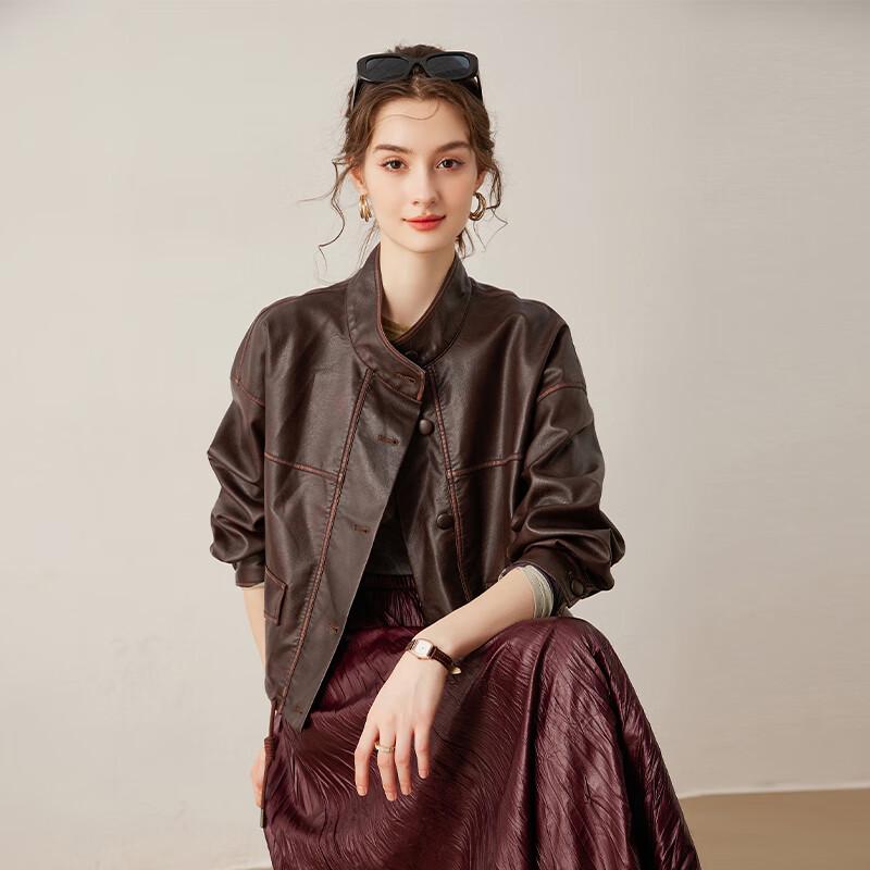 Bailuyu Women's Loose Faux Leather Drawstring Hem Jacket