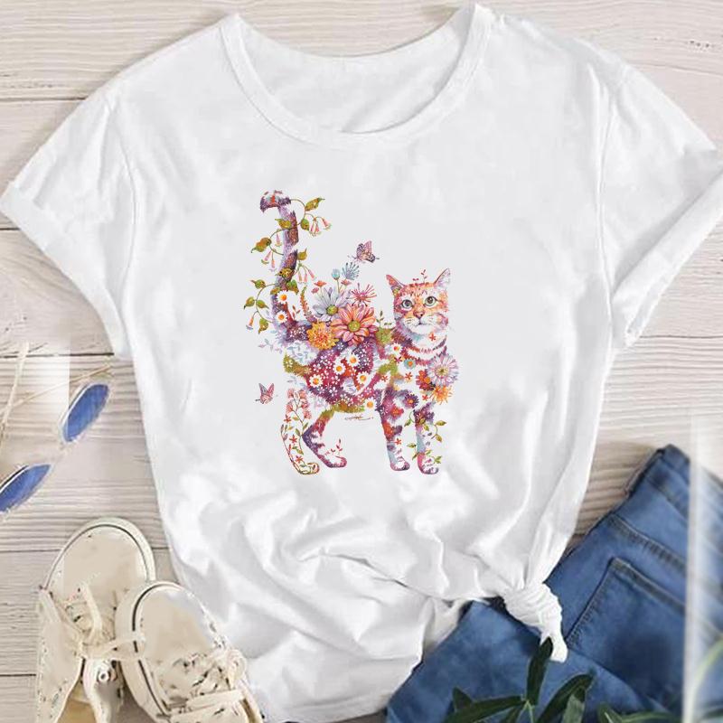 Fashion Cartoon Cat Plant Casual New Lovely Tees Women Short Sleeve Lady Female Graphic Tops Clothes Print Tshirt TShirt