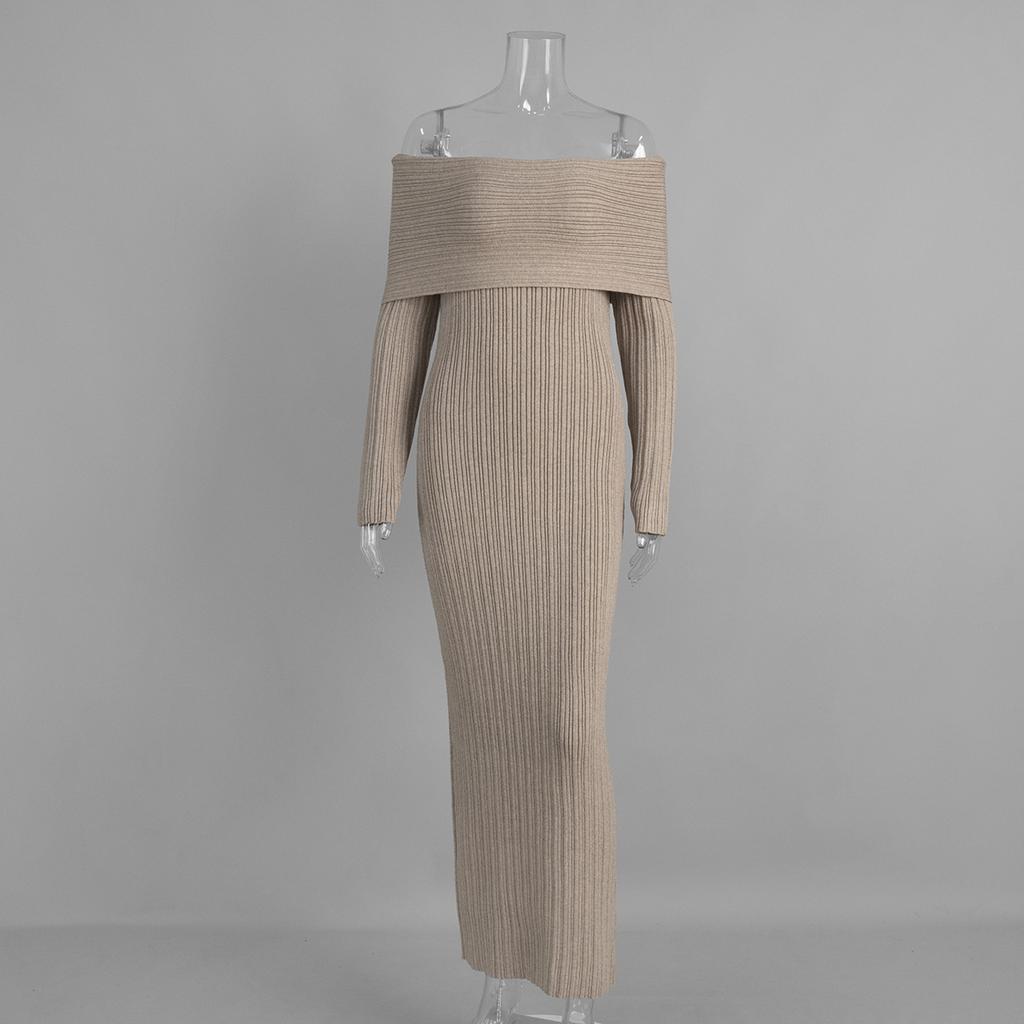 Knitted Off-the-shoulder Long-sleeved Dress, European, American Autumn and Winter New One-word Shoulder-wrapped Hip Knitted Dress for Women