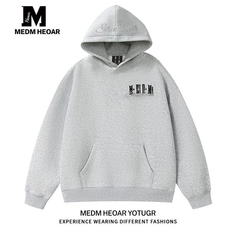 

[Three Labels Complete] Medm Heoar Classic Basic Letter Embroidery Hoodie American Loose Hoodie Light Gray [Velvet Thickened Version] 2XL
