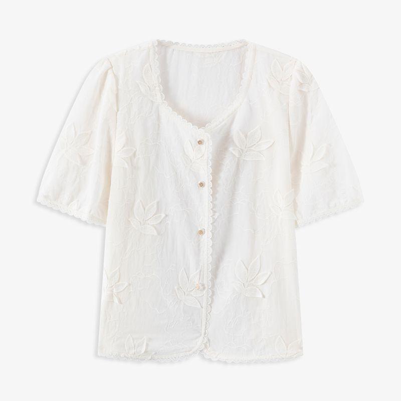 

Aozhi Country French style Beige Three-Dimensional Embroidery Short sleeve Shirts Women Summer Lace Square Collar Small Shirt Loose Top SW Beige XL