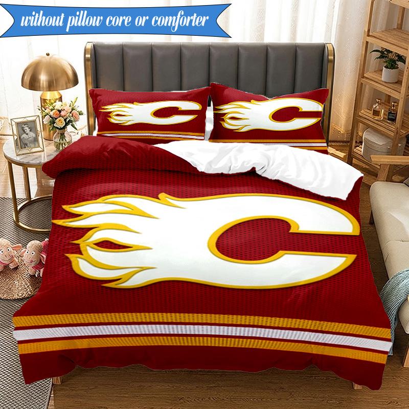 3PCS Flames Hockey Team Logo Bedding Set,Including 1pc Duvet Cover And 2pcs Pillowcases Perfect for Bedroom, Dormitory, Fan Christmas gift