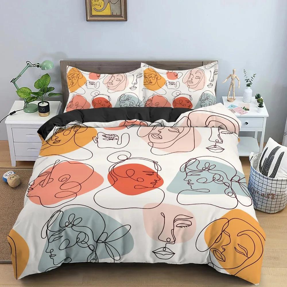 Abstraktes Gesicht King Queen Bettbezug Frau Portrait Bettwäsche Set Graffiti Bettbezug Fantasy Design Polyester Bettbezug