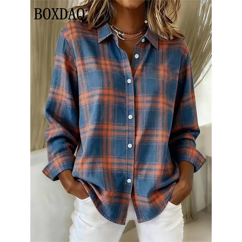 Women's Shirt Blouse Plaid Casual Long Sleeve Shirts Lapel Tops Fashion Daily Patchwork Buttons Print Fall Winter Clothes