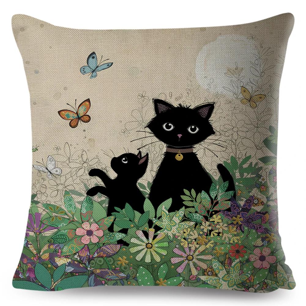 Cute Elegant Black Cat Cushion Cover Double Print Decor Cartoon Animal Pillow Case for Sofa Home Car Linen Throw Pillowcase