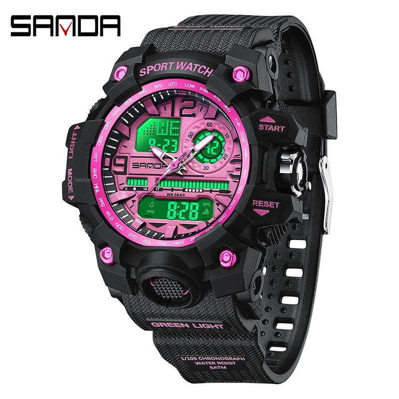 

SANDA Водонепроницаемые электронные часы Многофункциональные светящиеся часы с будильником розовый/чёрный