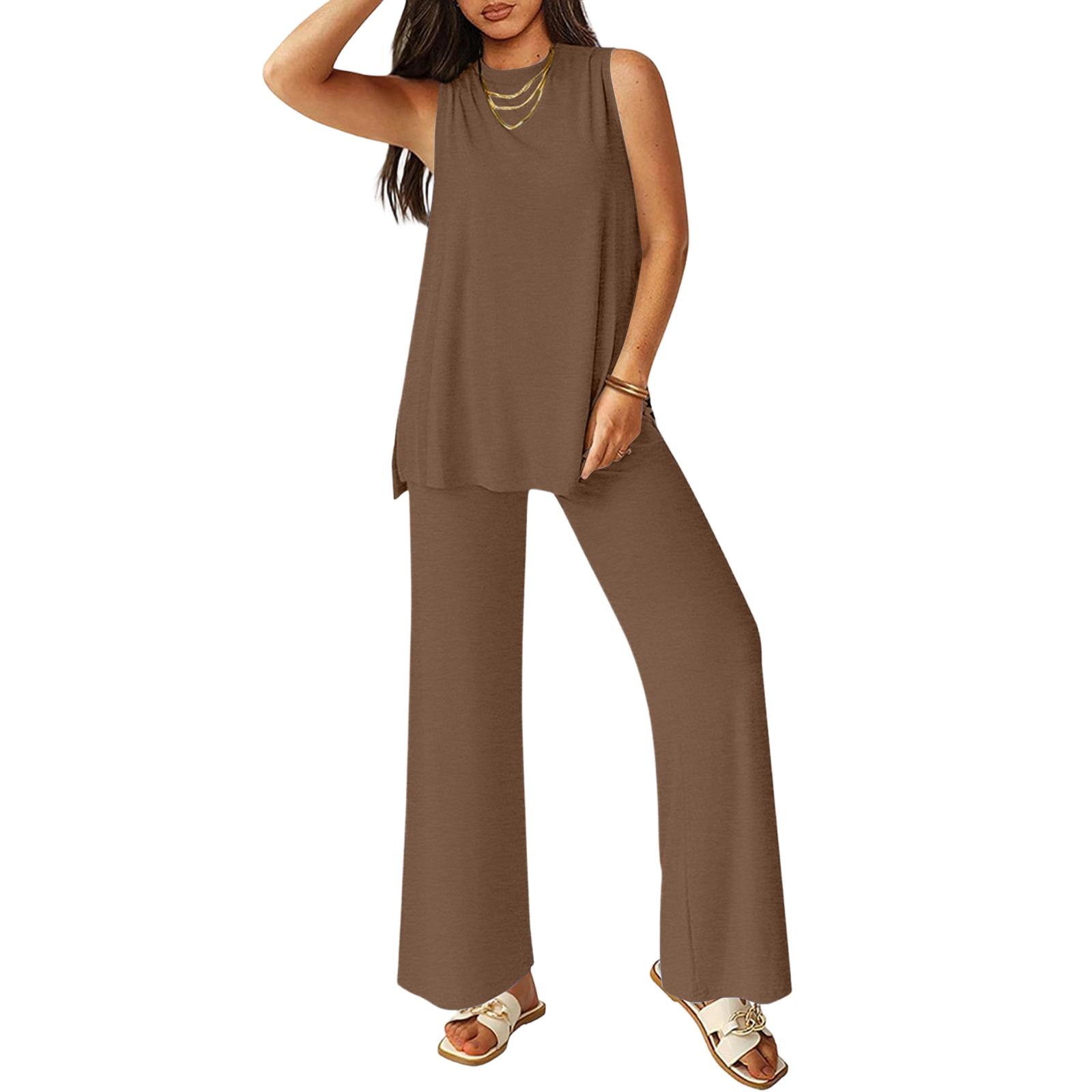 Women s Color Casual Fashion Sleeveless Vest And Pants Two-piece Set S хаки
