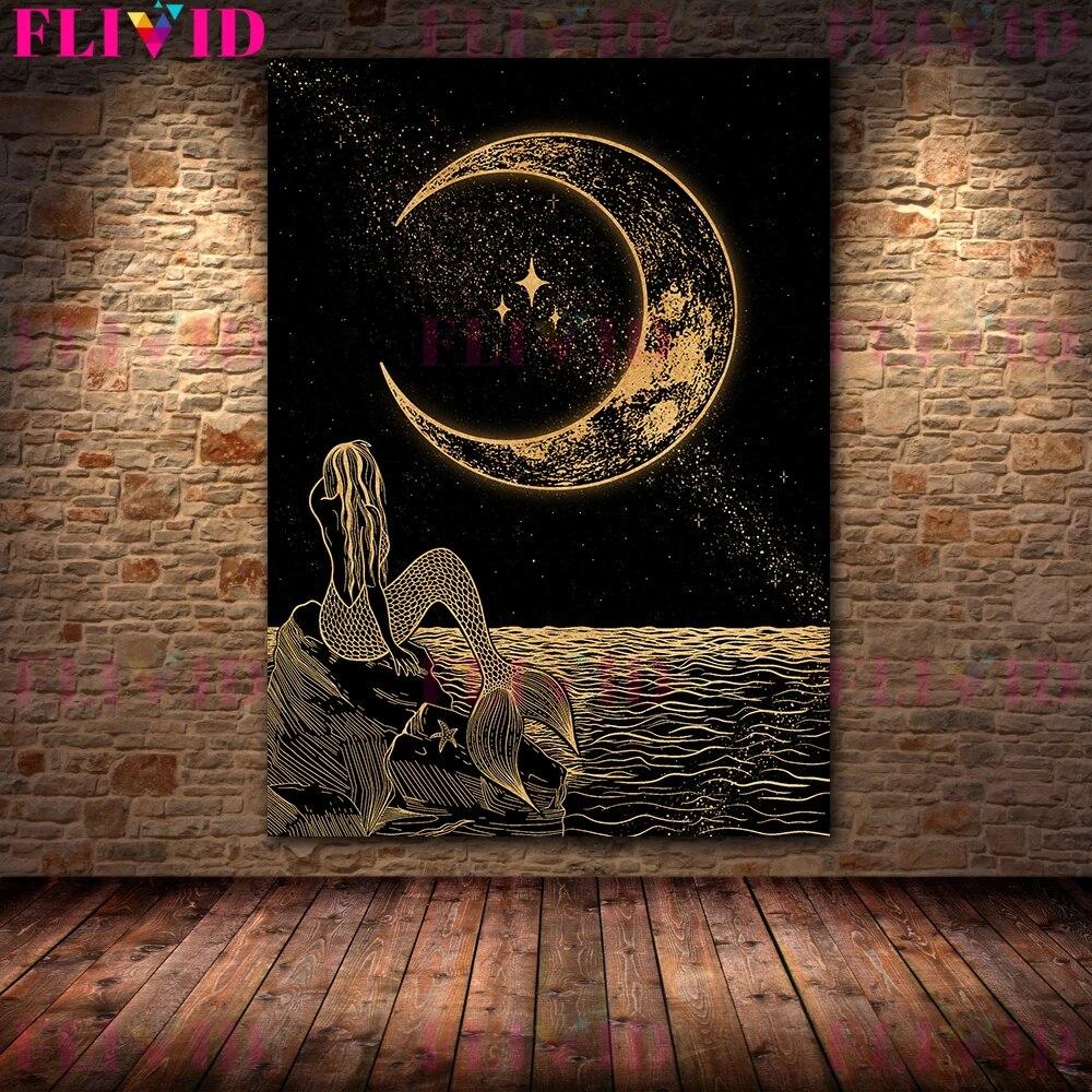 Abstrakcyjna sztuka ścienna czarownicy słońce i księżycowa ćma czarna czarownica wróżka druk artystyczny astrologia mistyczne dzieła sztuki plakat i druki bez ramki