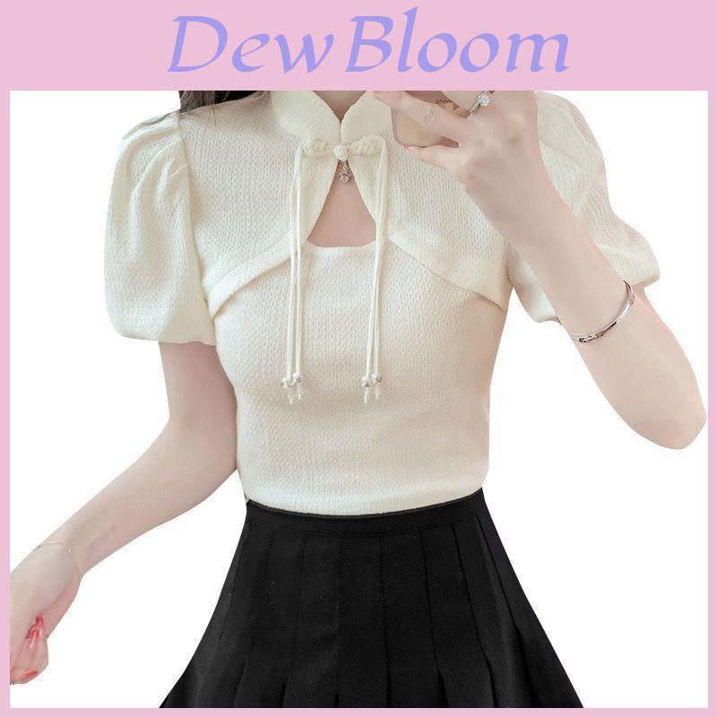 Tshirt Women Summer Bubble Sleeve Hollow Out With Embroidery For Casual Wear