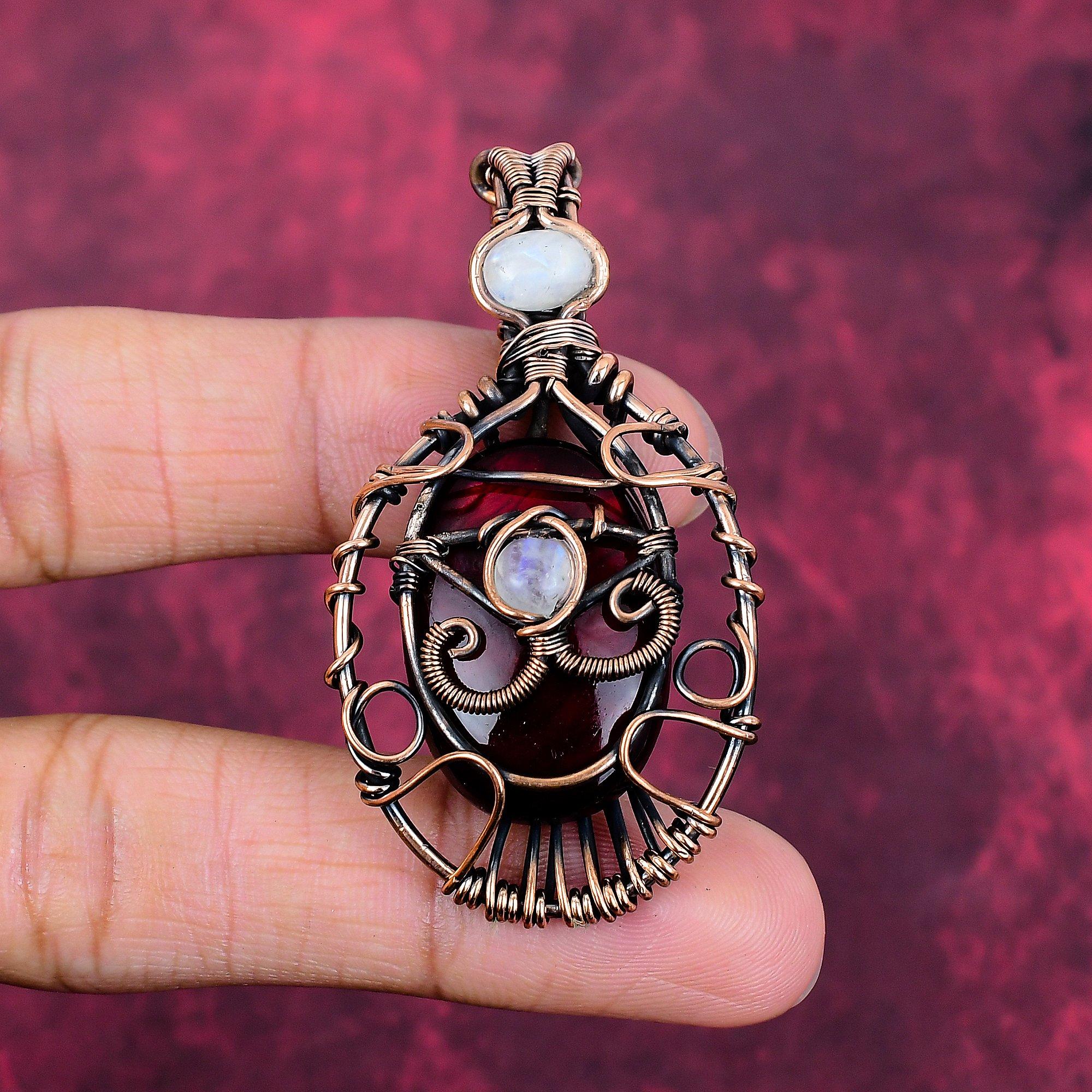 Evil Eye Red Fire Labradorite Pendant Copper Wire Wrapped Gemstone Jewelry