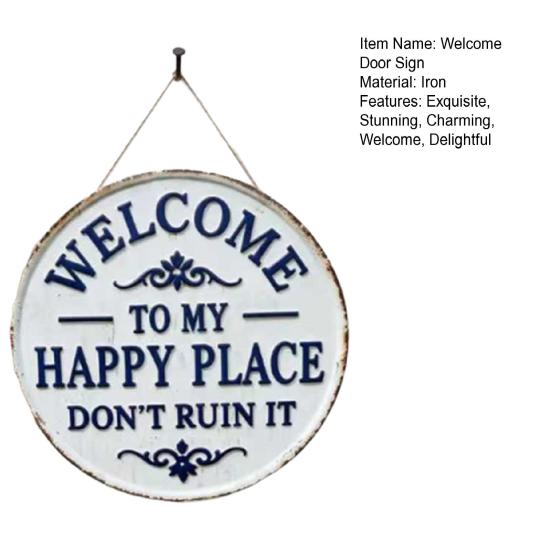 Welcome Sign for Front Door Round Metal Welcome to My Happy Place Hanging Plaque for Home Office Bedroom Kitchen Dining Bar Decor