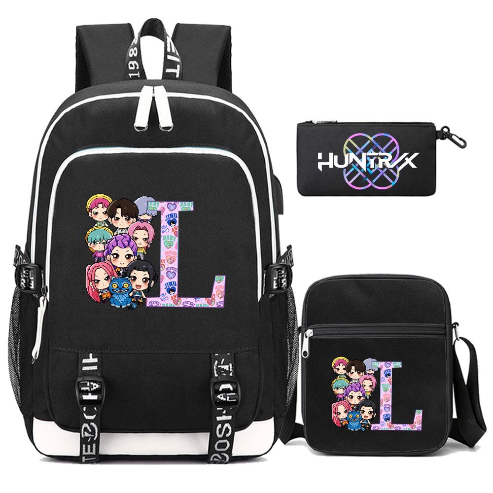 3Pcs/set 26 English Letter Kpop Printed Backpack with Shoulder Bag Pencil Case for Teenager Girl Boy Bookbag Large Capacity Waterproof Travel Bag
