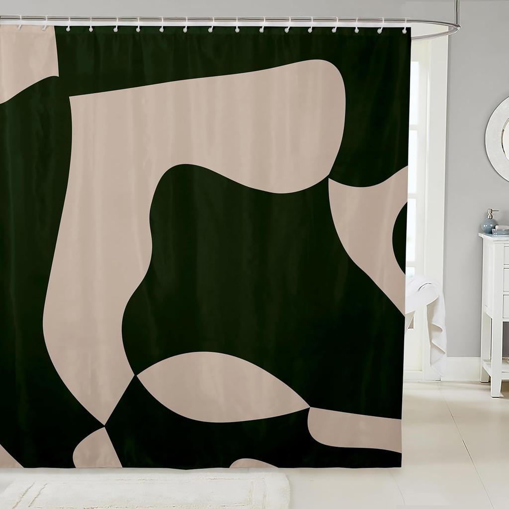 1pc Dark Green and Dark Tan Shower Curtain 72"x72" Geometry Modern Bathroom Shower Curtain Set Neutral Art Bath Curtain