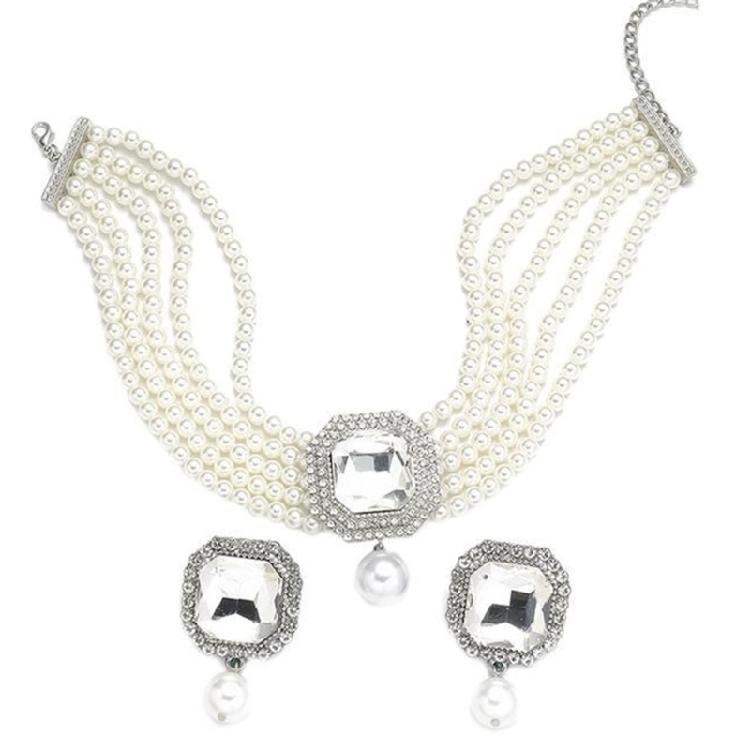 Moderne Kunst Geïnspireerd Meerlaags Imitatie Parels Ketting En Luxe Bijpassende Studs Oorbellen Accessoireset