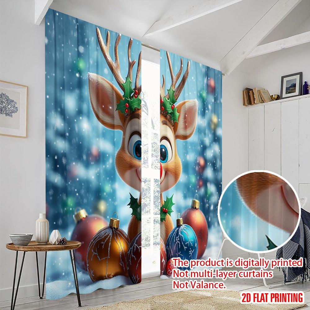 2pcs,2D Plane Printing Window Curtain Cute Christmas Reindeer Holiday Ornaments Durable 100% Polyester Fabric (without Rod)