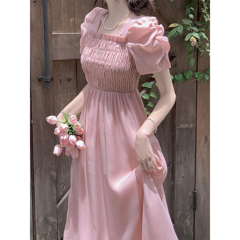 Gentle Style Summer Dress: French Square Neck, Puff Sleeve, Slim Fit, Campanula Style.